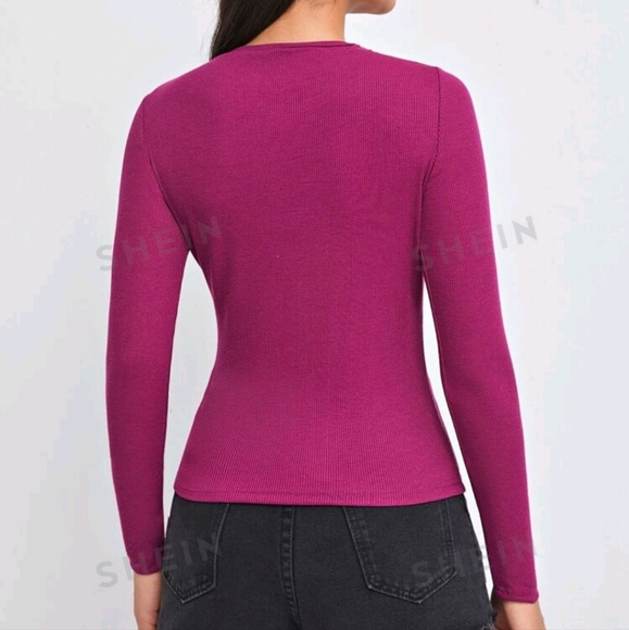 (NWOT) SHEIN Essnce Solid Form Fitted Long Sleeve Shirt - Picture 2 of 10